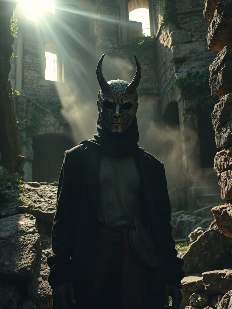 Figure in Mask Amidst Ruins, Sunlight and Dust
