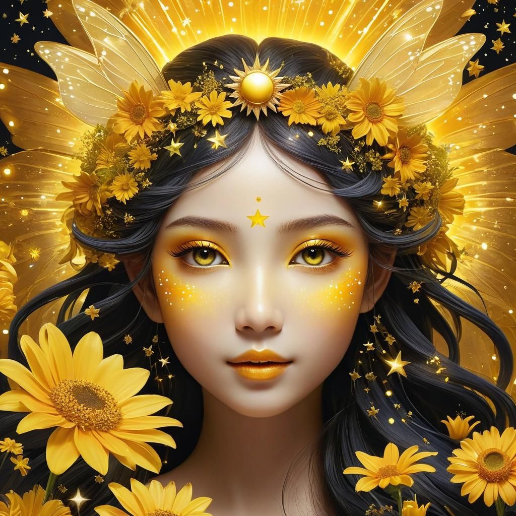 Fairy Surrounded by Golden Stars in Monochromatic Yellow