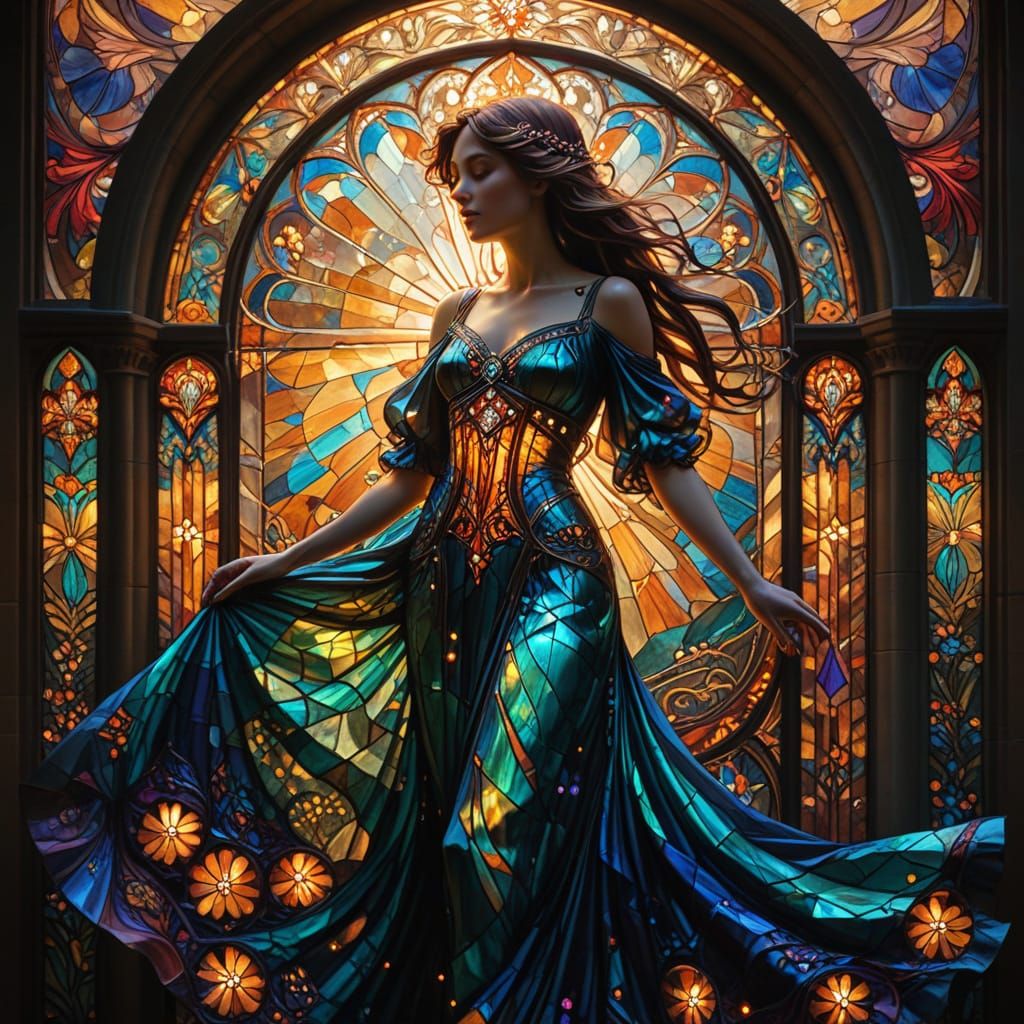 Vibrant Oil Painting of Dress with Cathedral Stained Glass P...