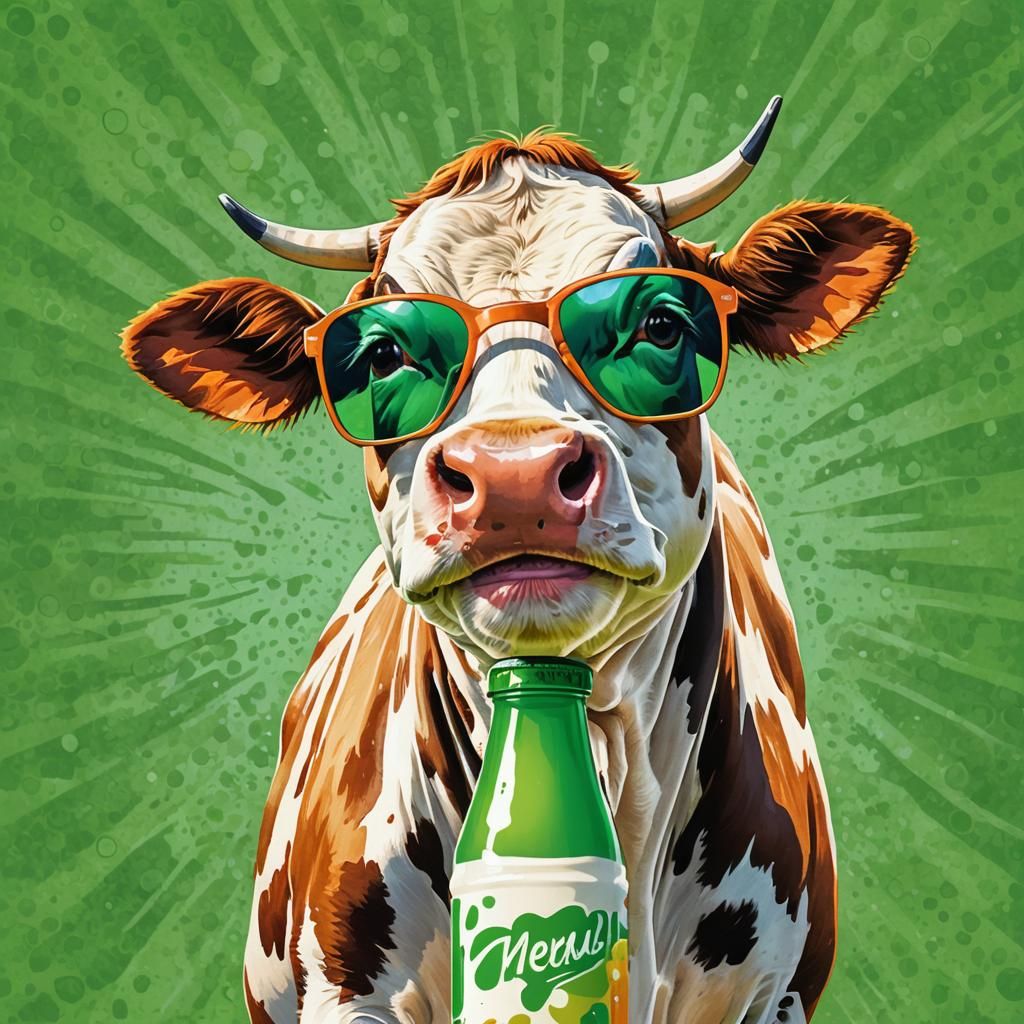 Smiling Cow Promoting Almond Milk in Pop Art Style