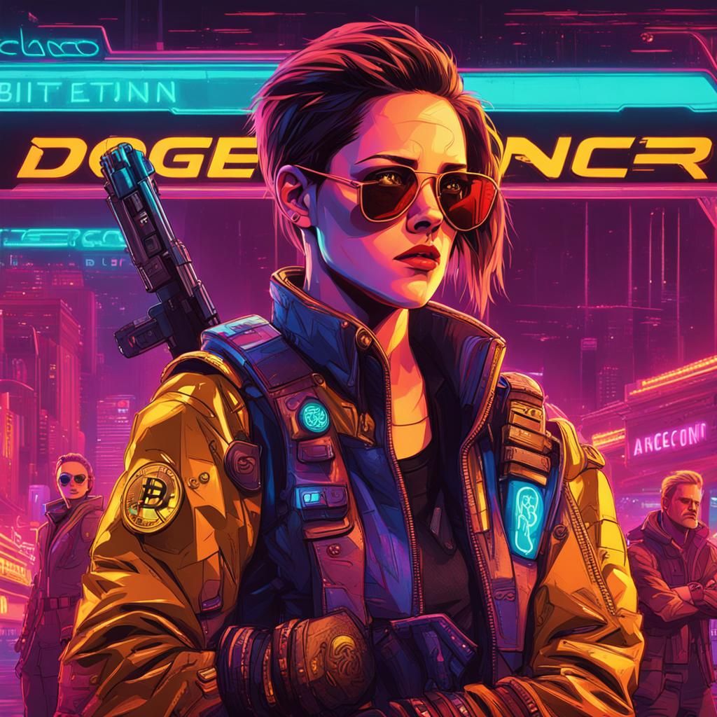 Cyberpunk Dogecoin Warrior Battle in Neon City