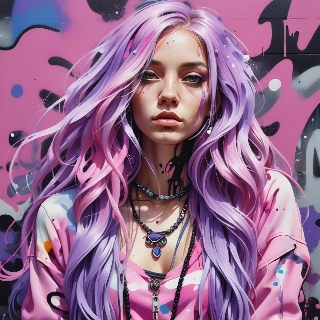 Hyperrealistic Lavender-Haired Girl in Colorful Graffiti Art