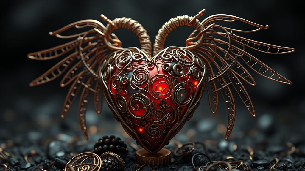 Art Nouveau Heart with Intricate Metal Wire Wings