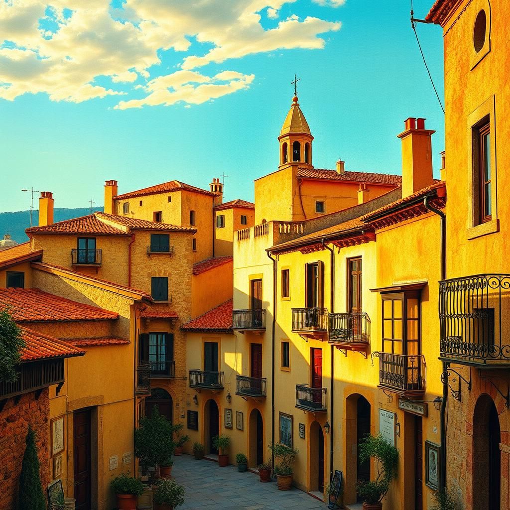 Surreal Spanish Village in Golden Sunlight