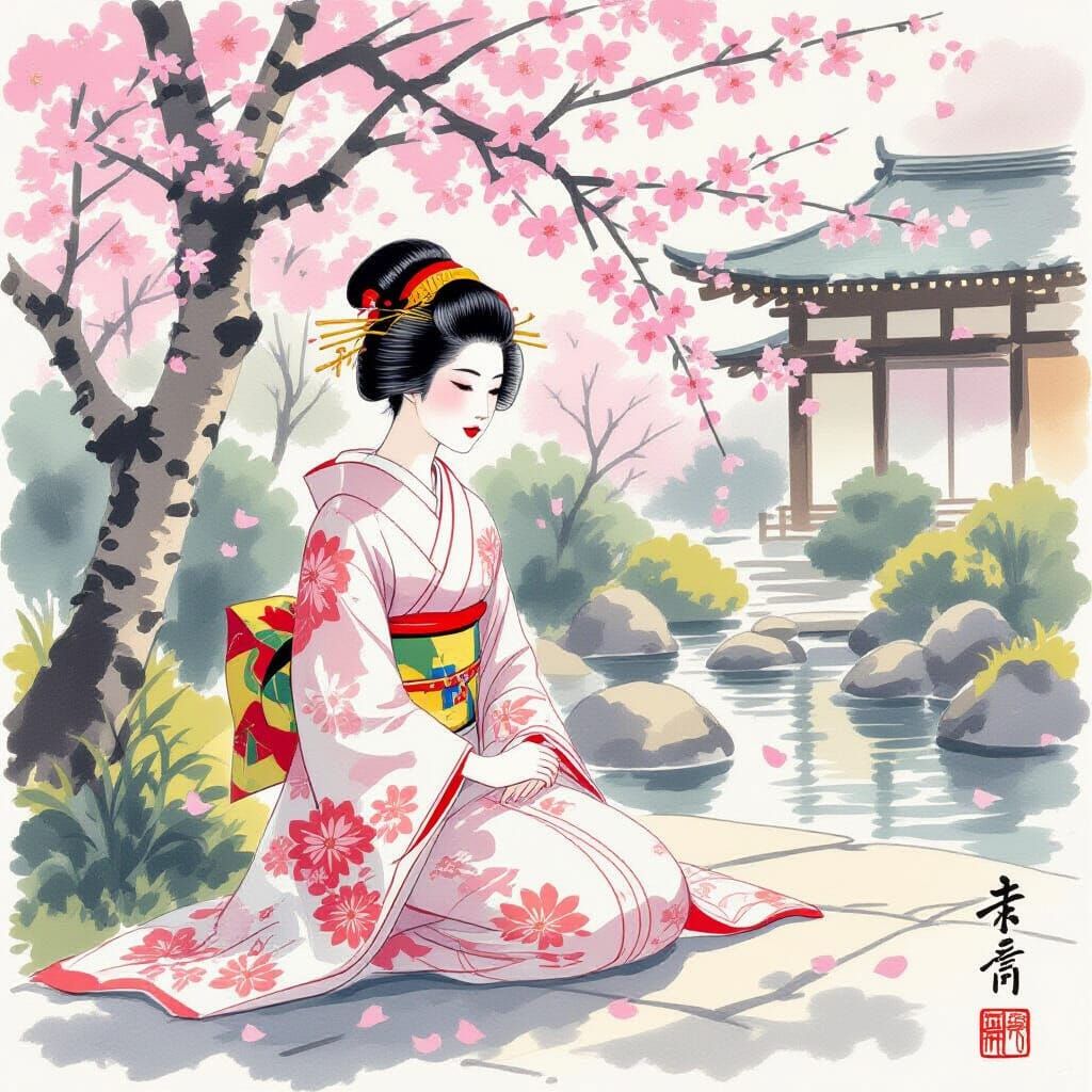 Serene Woman in Garden: Japanese Ink Painting