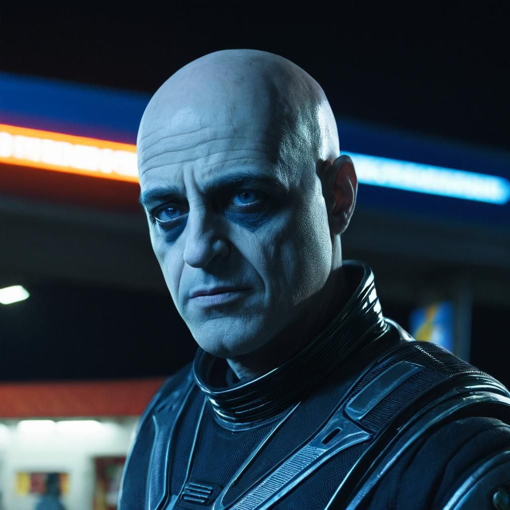 Man in Alien Suit at Gas Station in Retro-Futuristic Style