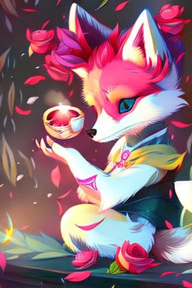 Enchanted Fox Kit Sipping Tea: A Digital Masterpiece