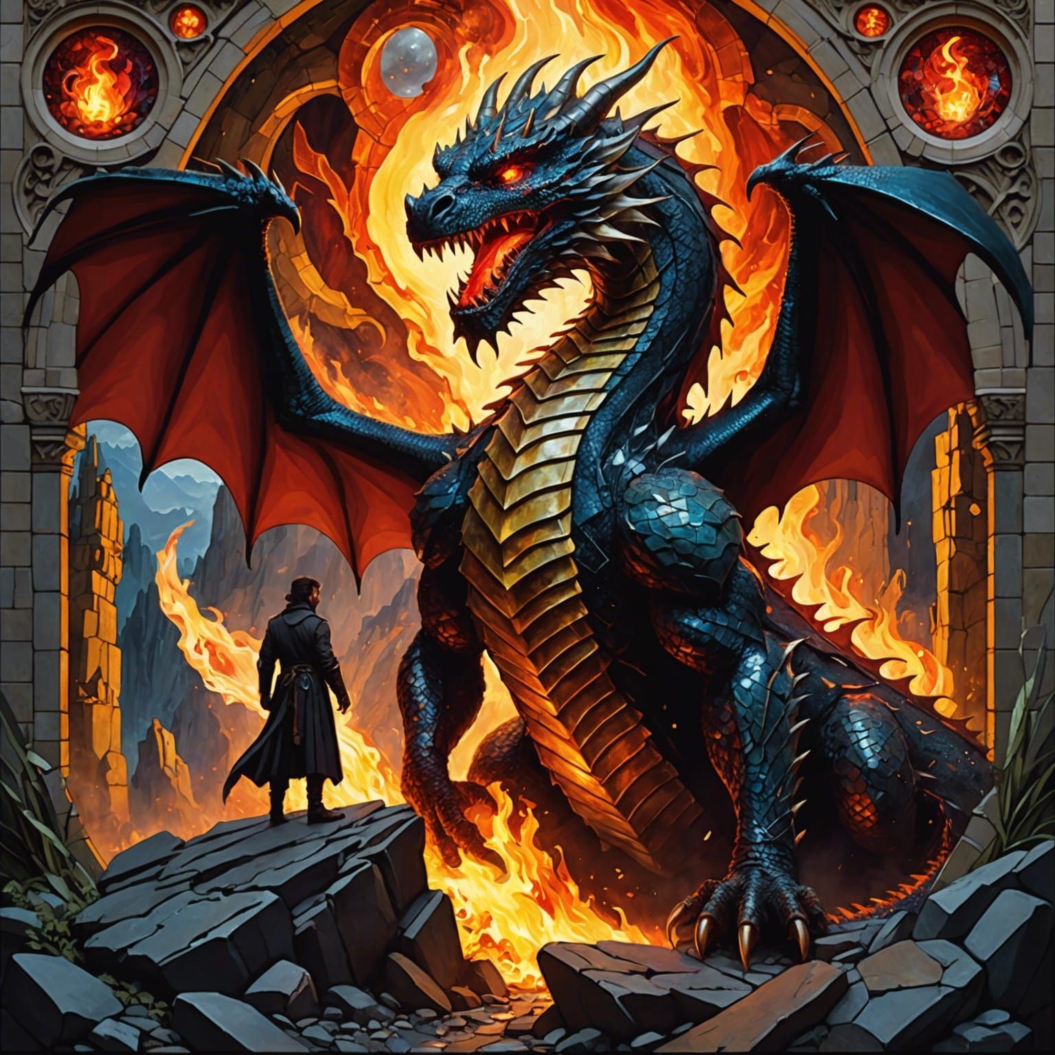 Dragon and Wizard Glass Mosaic in Art Nouveau Style