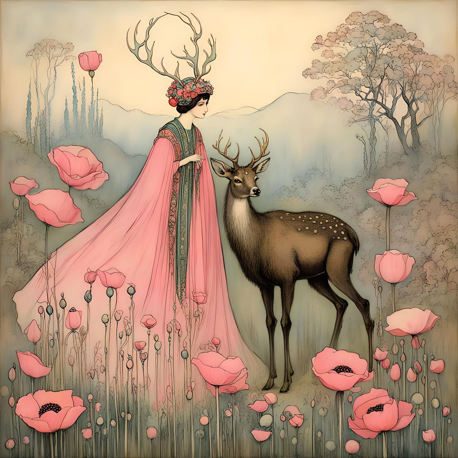 Pink Poppies with Woman and Deer, Vintage Style