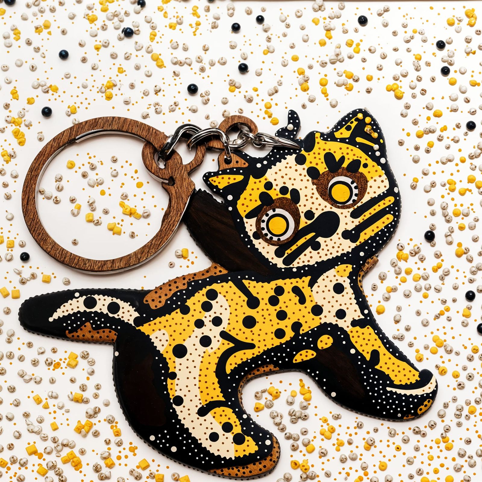 Pointillist Wooden Cat Keychain Figurine