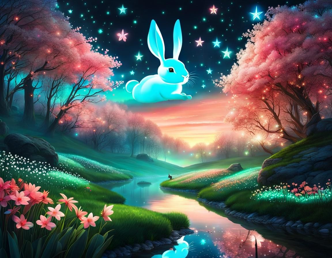 Fantasy Fairycore Landscape with Neon Lights and Rabbits
