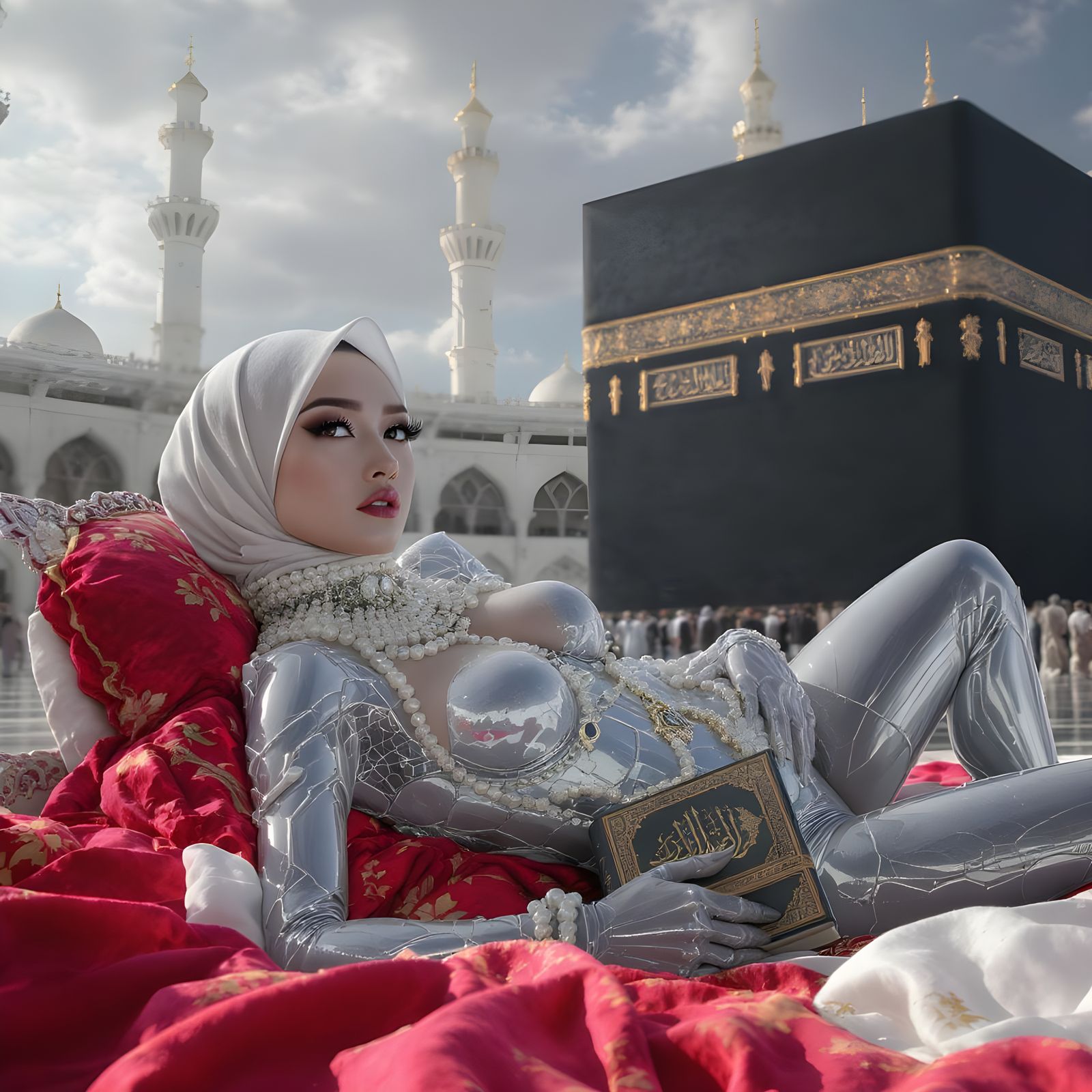 Futuristic Asian Woman with Quran at the Ka'bah