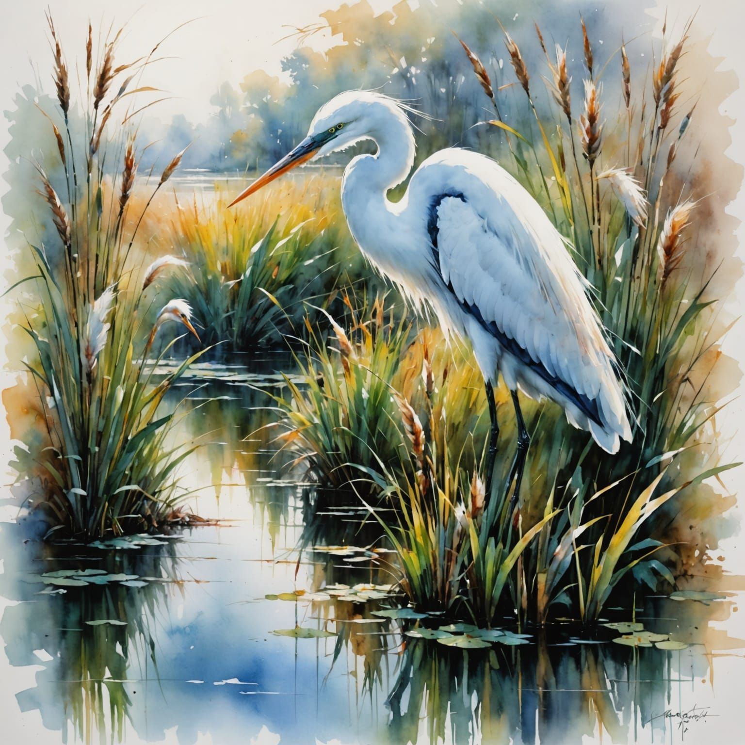 Egret in Bulrushes Watercolor Painting