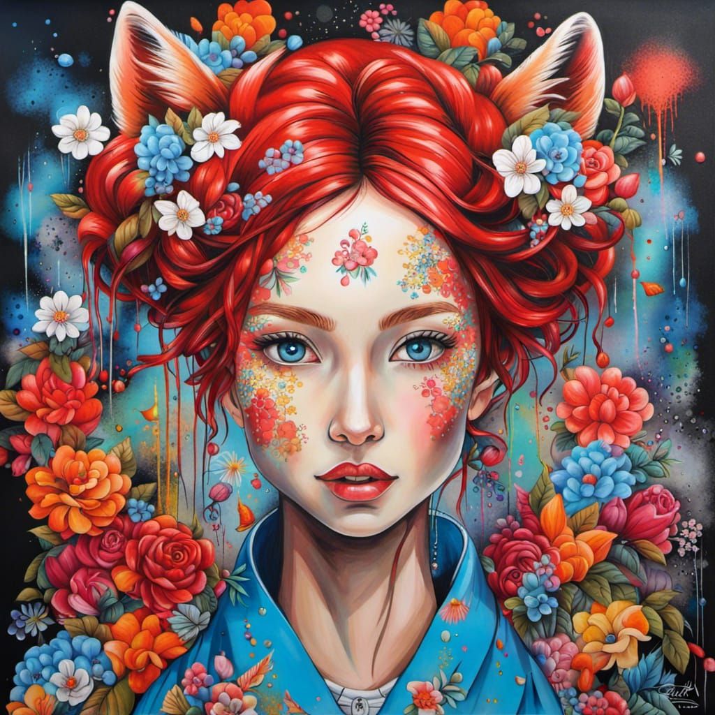 Fox-Faced Girl in Hanbok: Graffiti Art Style