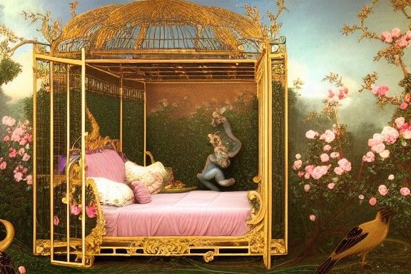 Rococo Communist Canopy Bed with Gilded Birdcage