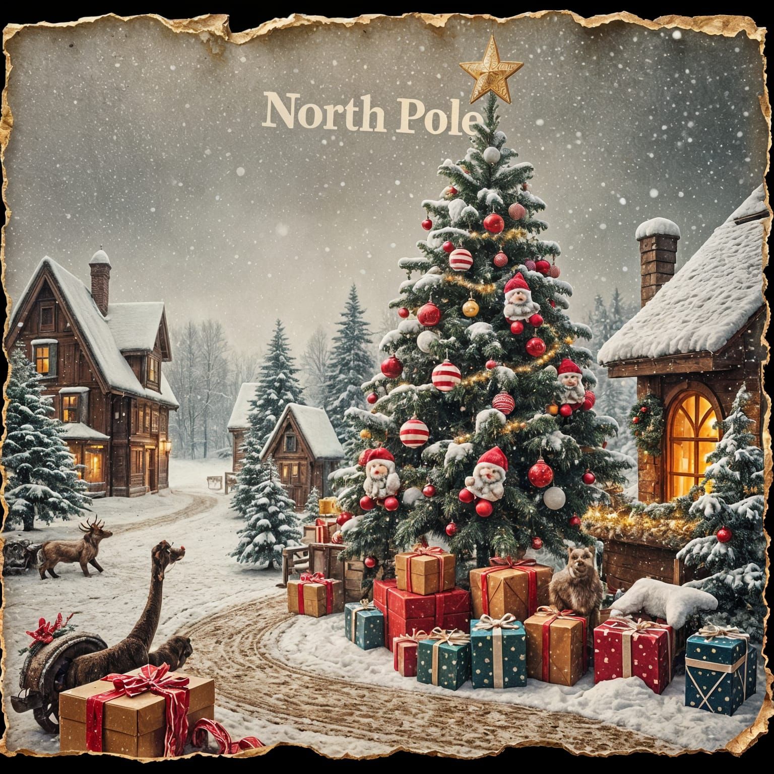 Winter Christmas Village Scene on Vintage Postcard