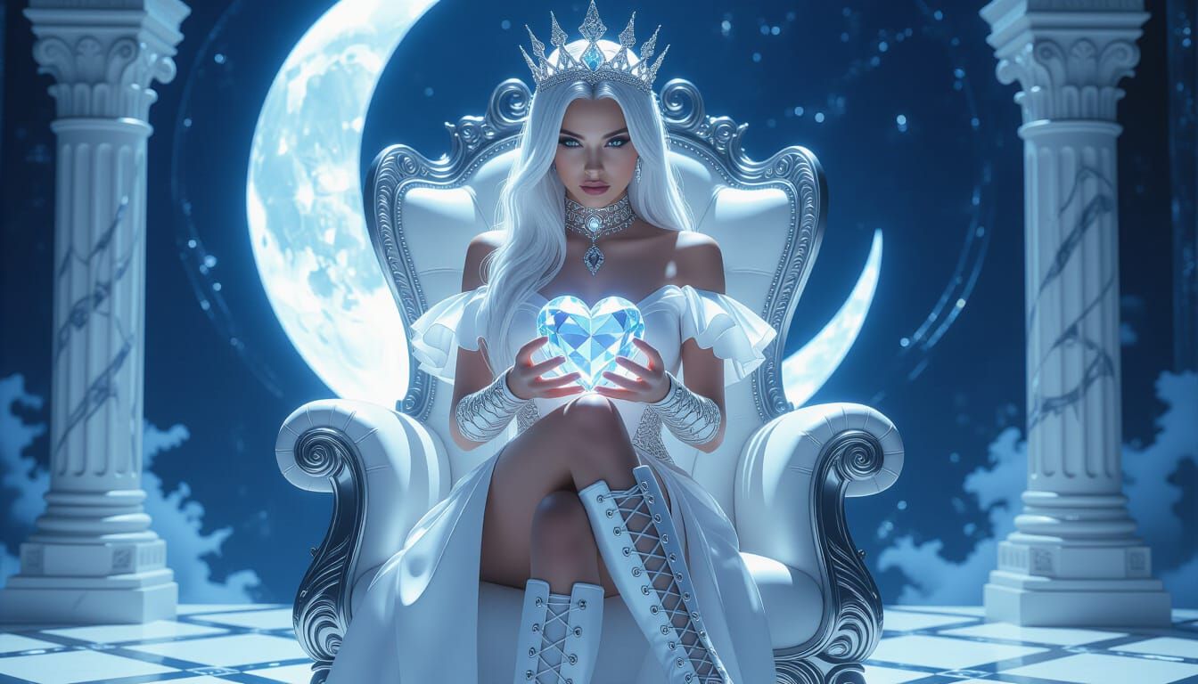 Steampunk Gothic Woman on Silver Throne Under Moon