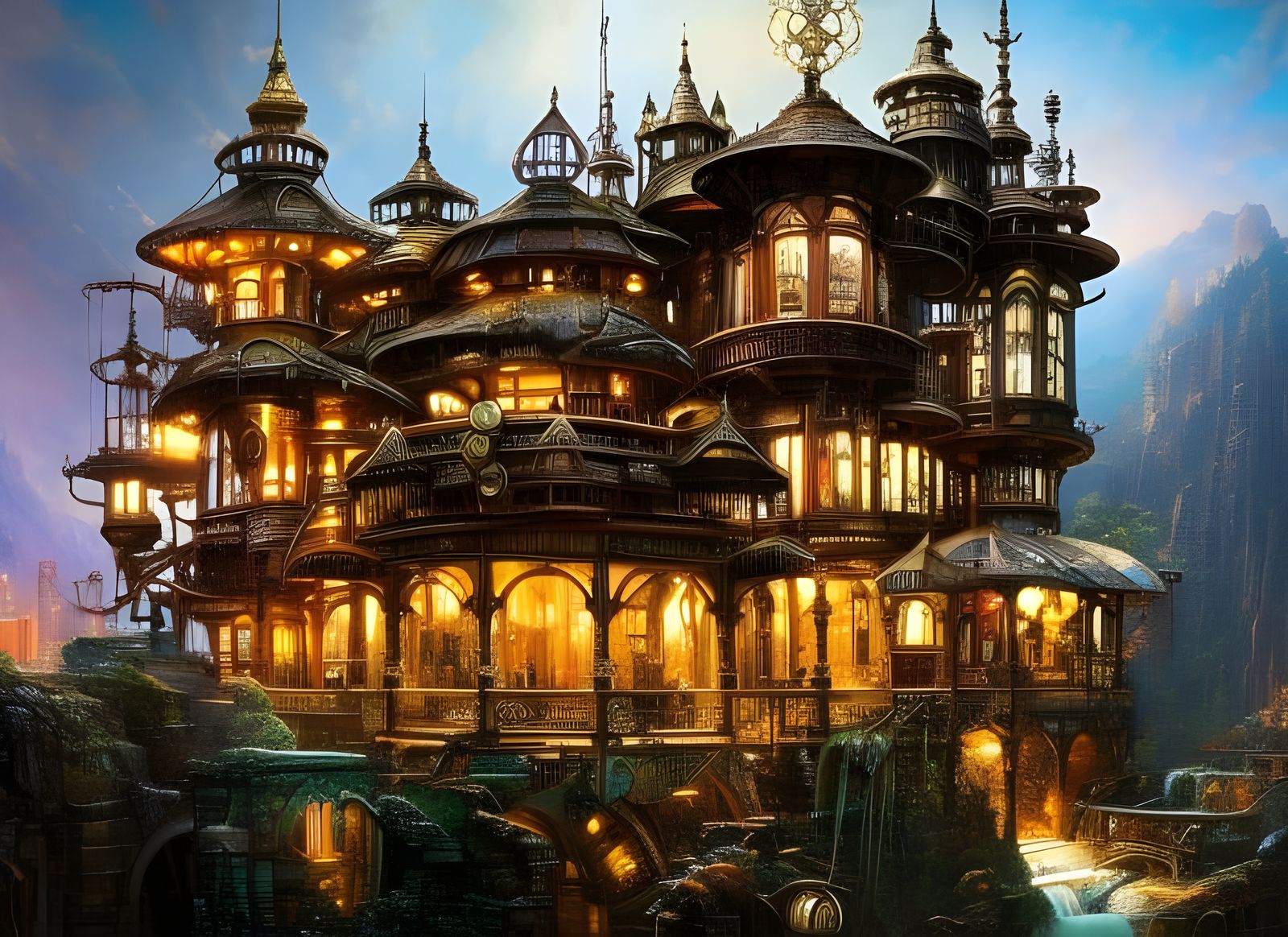 Steampunk Mansion on Waterfall: Fantasycore Masterpiece
