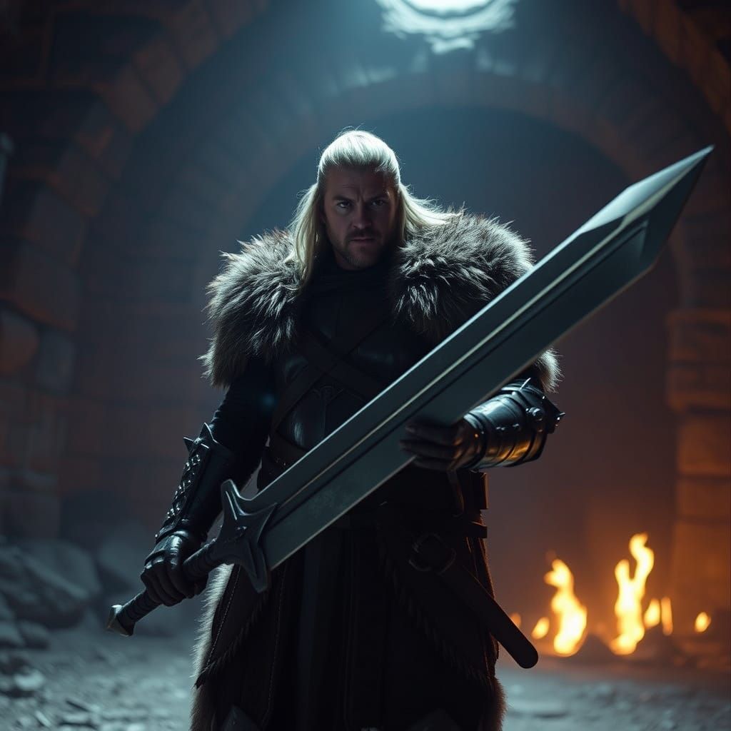 Barbarian Hero with Great Sword in Dungeon