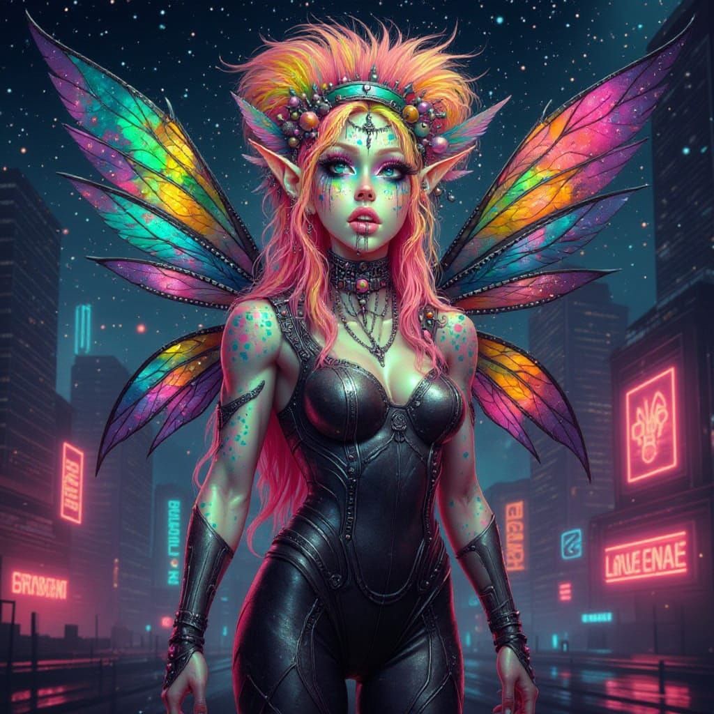 Cyberpunk Fairy in Neon Cityscape