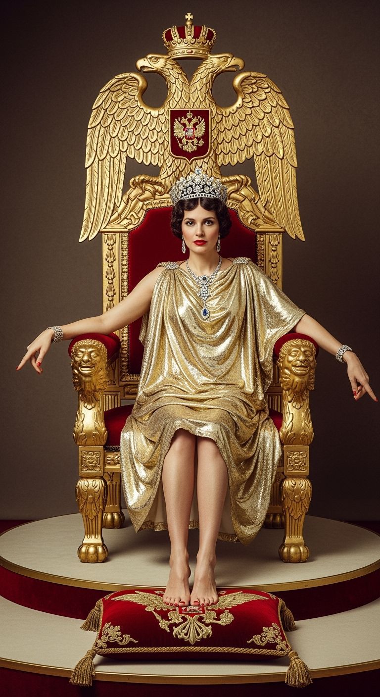 Barefoot Tsarina on Gold Throne, Fashion Photography
