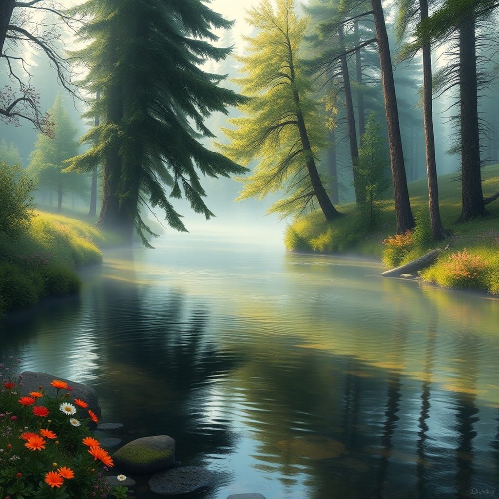 Misty River Landscape in Romantic Style