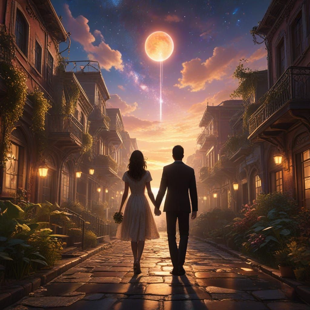 Enchanted Couple Shines in Futuristic Sunset Landscape