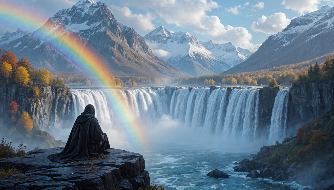 Traveler Overlooks Autumn Waterfall in Cinematic Concept Art