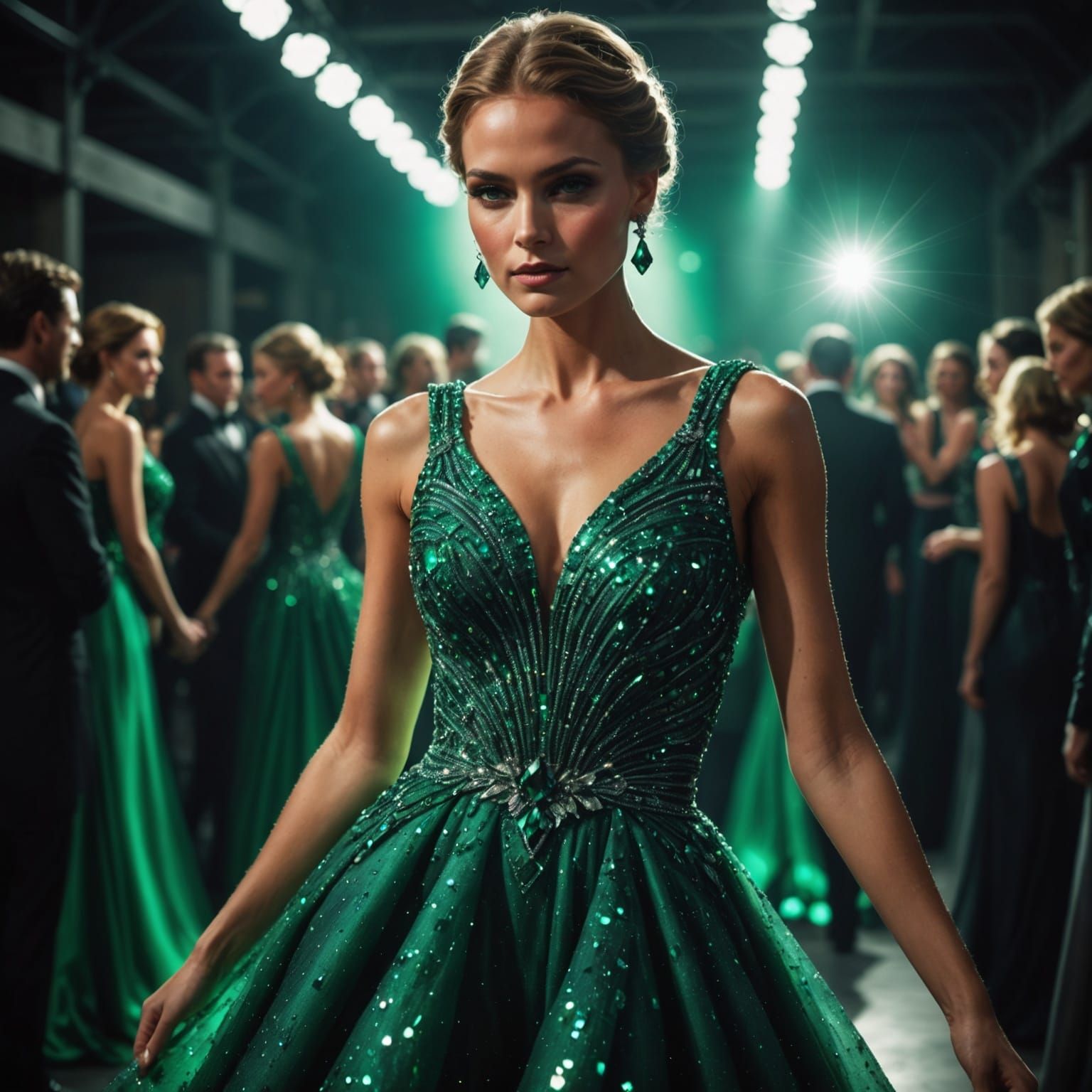 Fashion Model in Emerald Diamond Gown