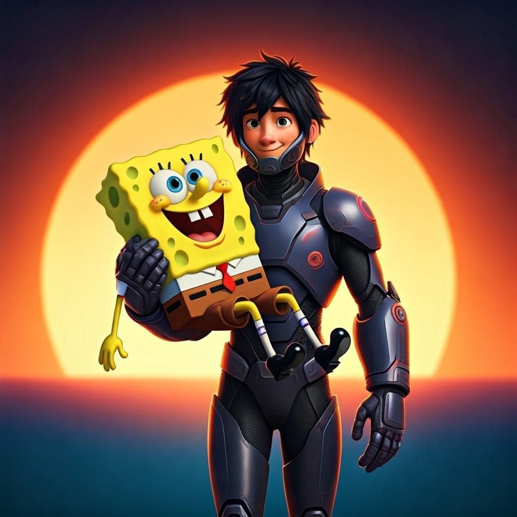 Hiro Hamada Carries SpongeBob in Futuristic Cityscape