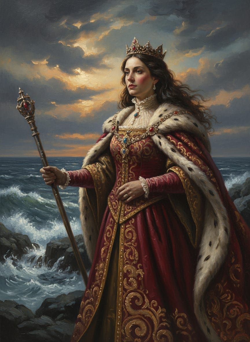 Medieval Queen on Windswept Cliff Overlooking Stormy Sea