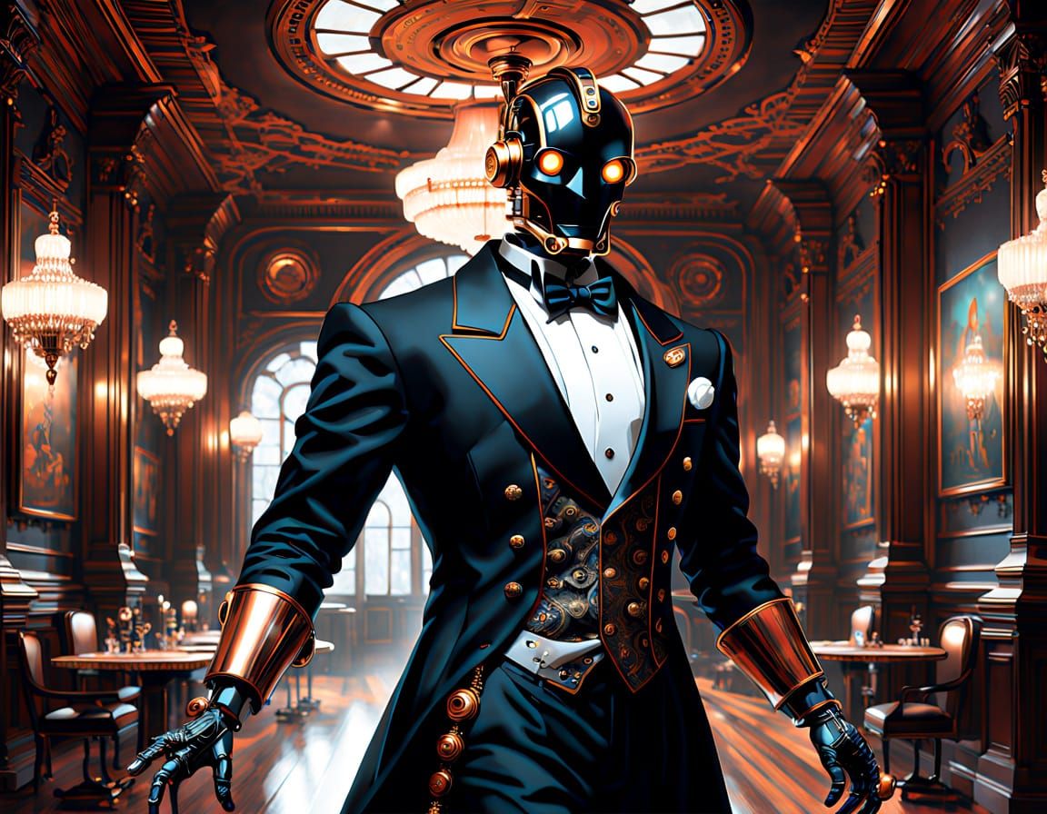 Retrofuturistic Robot Butler in Opulent Mansion