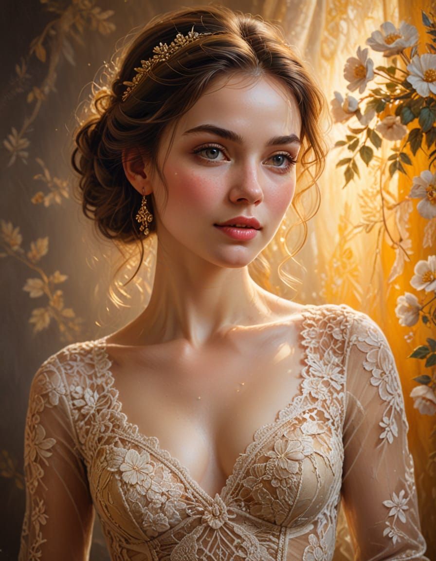 Woman in Lace Gown: Romantic Realism Oil Painting