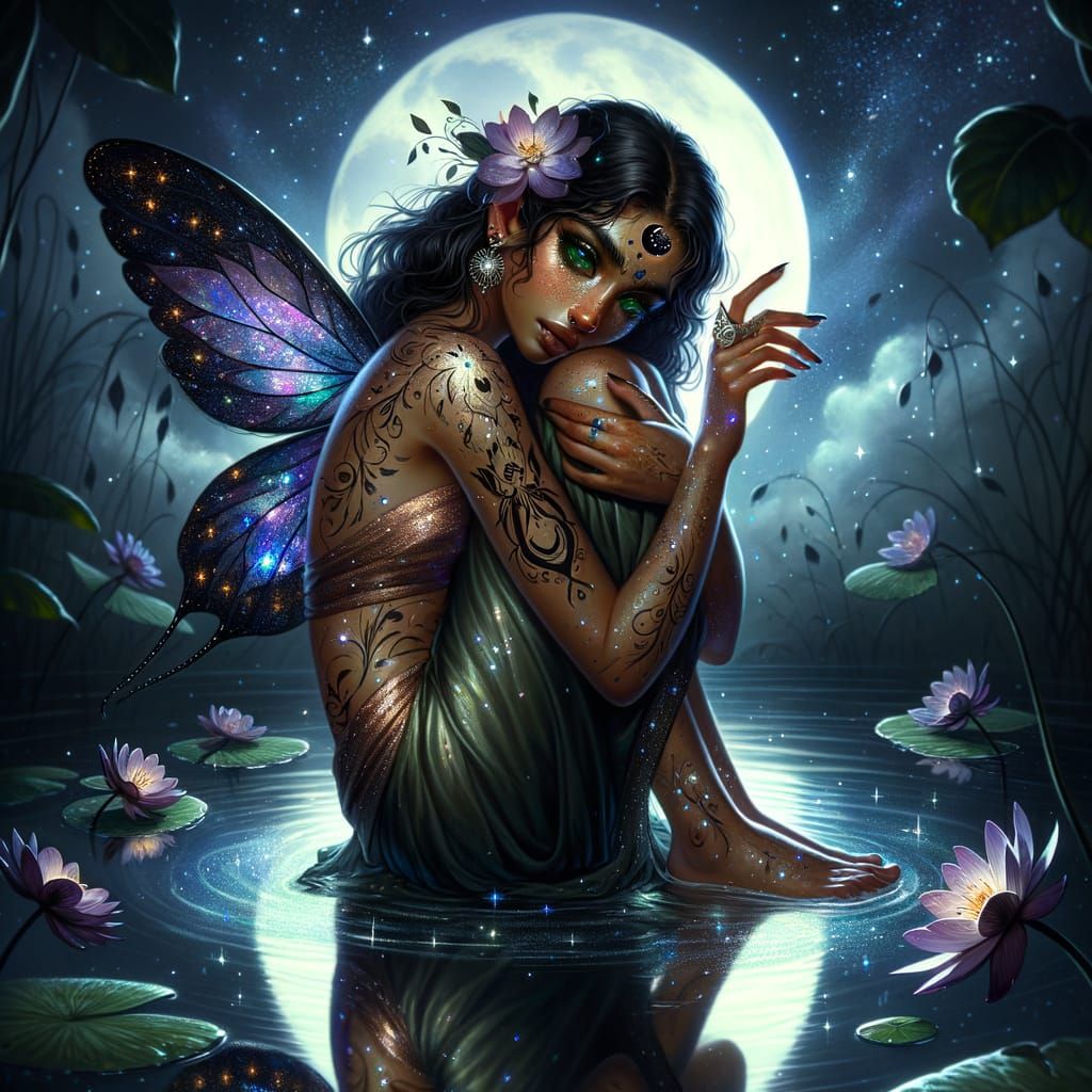 Luminous South Asian Goddess Awakens in Moonlit Pond