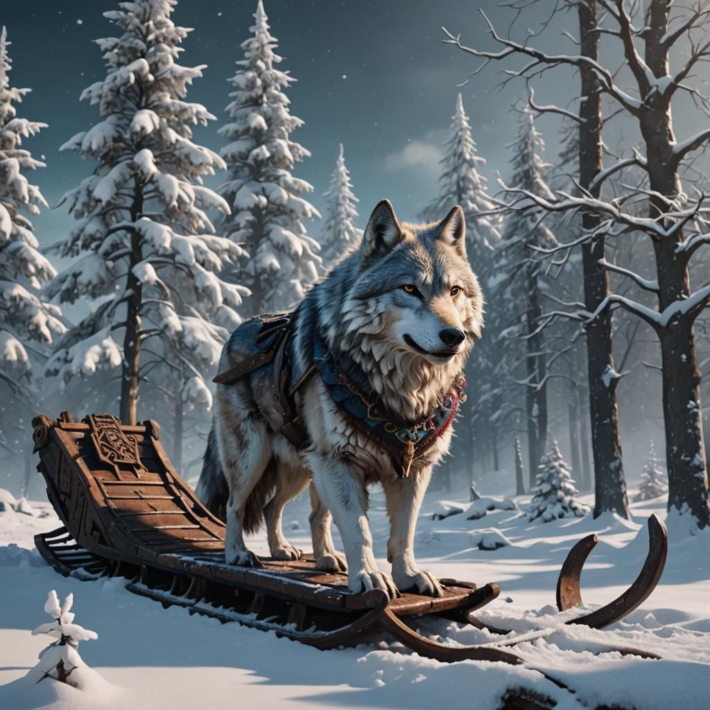 Snow Wolf on Sled in Winter Landscape