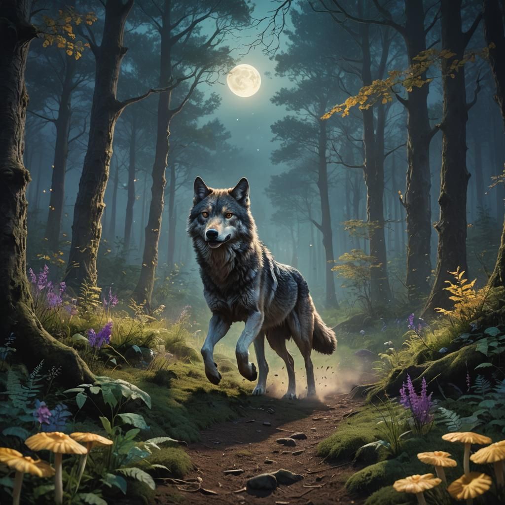 Wolf Running Through Magical Forest at Night