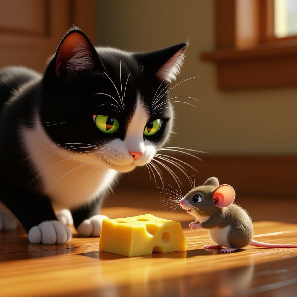 Tuxedo Cat's Intense Stare at Curious Mouse