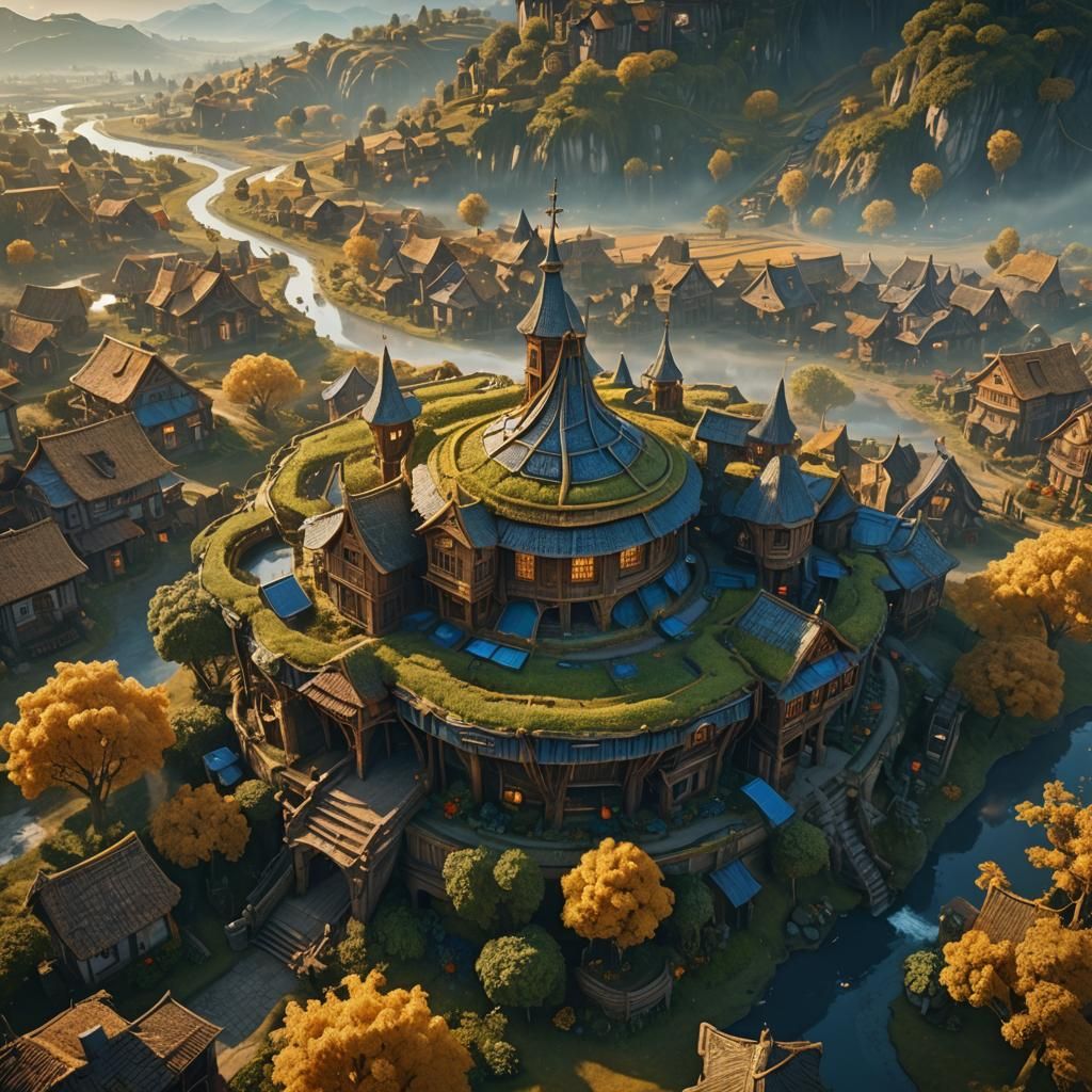 Spaceship Over Fantasy Village in Detailed Concept Art