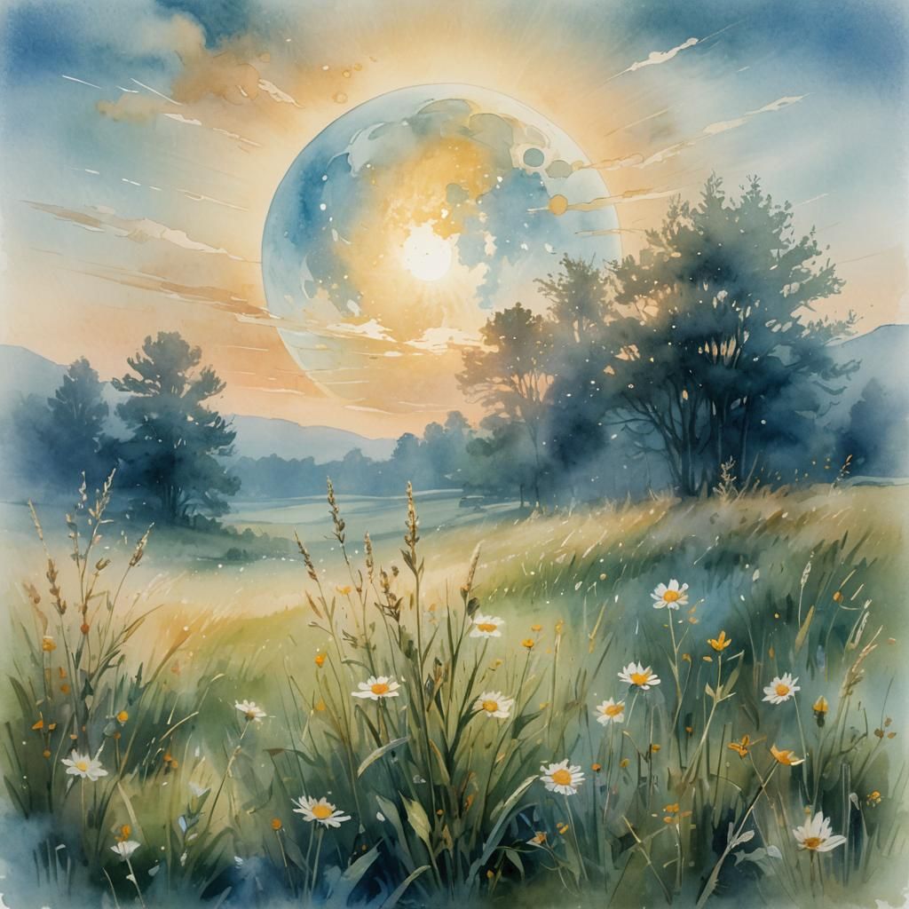 Moonlit Meadow in Dreamy Watercolor Style