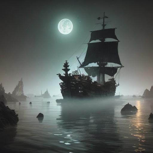 Lonely Pirate Ship Anchored in Dark Cave
