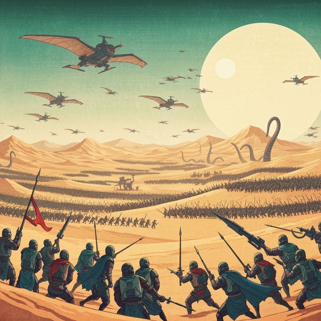 Vivid ukiyo-e style Futuristic Dune Empire..  a great battle...