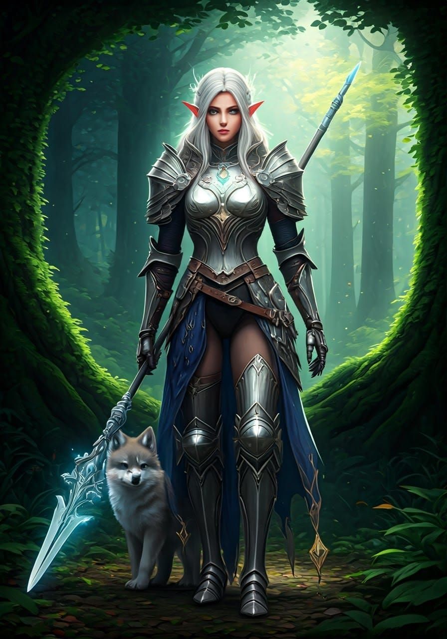 Ethereal Elf Warrior Stands Guard in Enchanted Forest