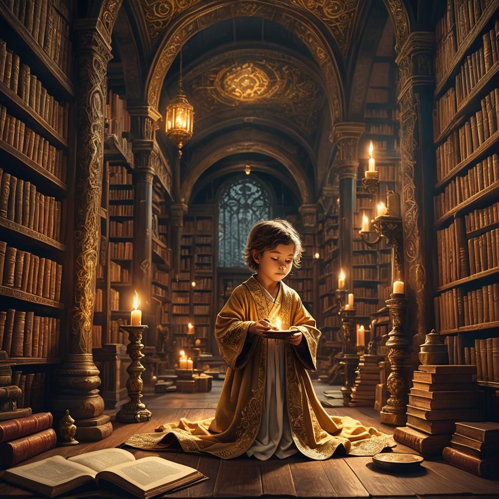 Child with Candle in Mystical Library Concept Art
