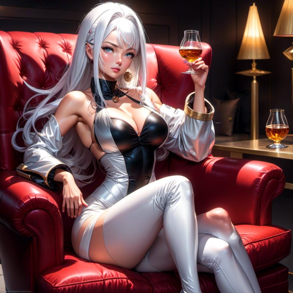 Woman with White Hair Drinking Whisky in Armchair