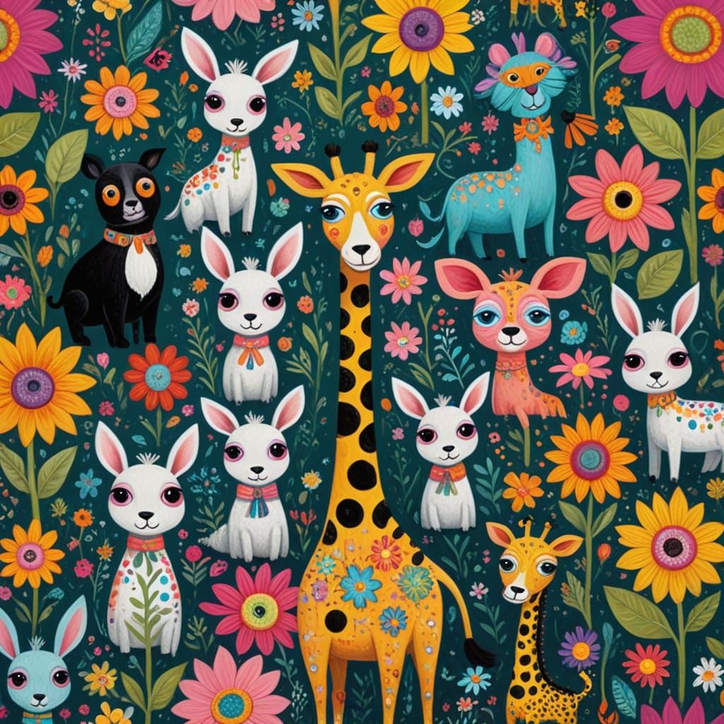 Quirky Folk Art Animals in Vibrant Flower Garden