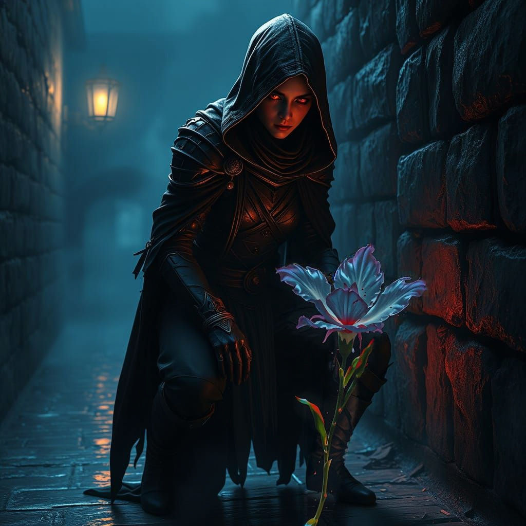 Dark Fantasy Assassin in Mysterious Alleyway