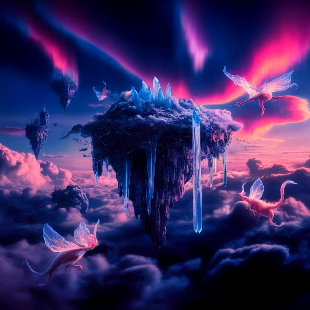 Surreal Dreamscape with Crystal Islands and Auroras