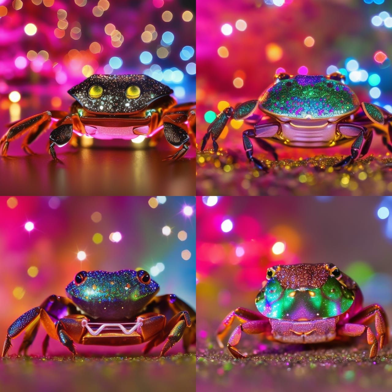 Dancing Crabs with Kawaii Sparkles and Neon Hearts