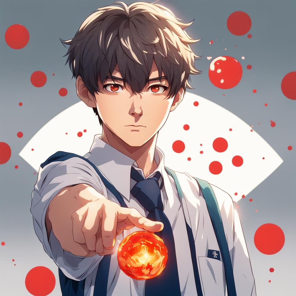 Handsome Boy Holds Fireball in School Uniform