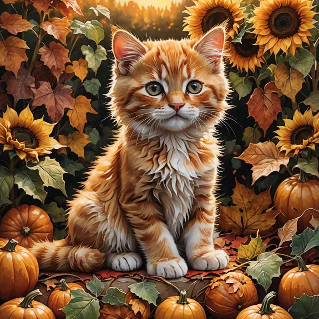 Ginger Kitten in Autumnal Hyperrealistic Splash Art